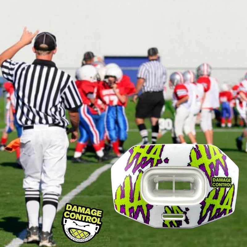 DAMAGE CONTROL Youth Football Mouth Guard – Breathable No Boil Mouthpiece, Protects Lips & Teeth, Works with Braces, Includes Helmet Strap – Sports Gear & Accessories (HA HA HA) - Image 5